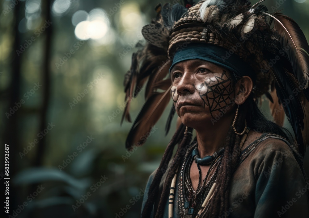 Close up portrait of elderly man from indigenous tribe of Amazon rainforest. Concept of shamanism and Ayahuasca ceremony. Generative AI.