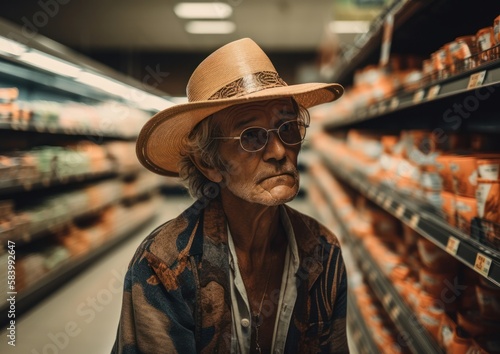 A stylish elderly man inside a supermarket. Generative AI. 