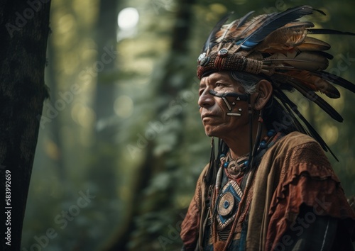 Portrait of elderly shaman from indigenous tribe of Amazon rainforest. Concept of shamanism and Ayahuasca ceremony. Generative AI. photo