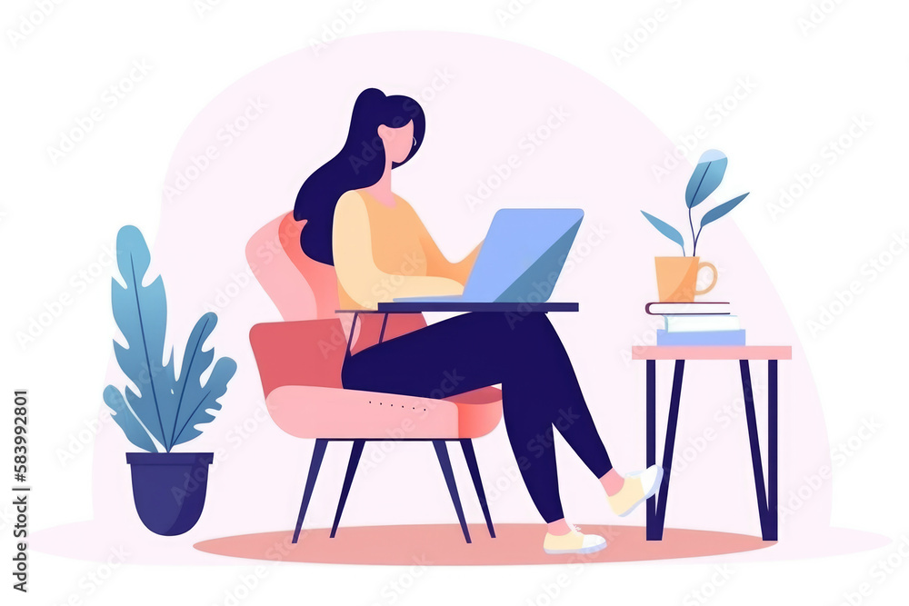 Girl working at home with a Laptop - Flat Vector Illustration - Homeoffice - Studying Girl working at home with a Laptop - Flat Vector Illustration - Homeoffice - Studying