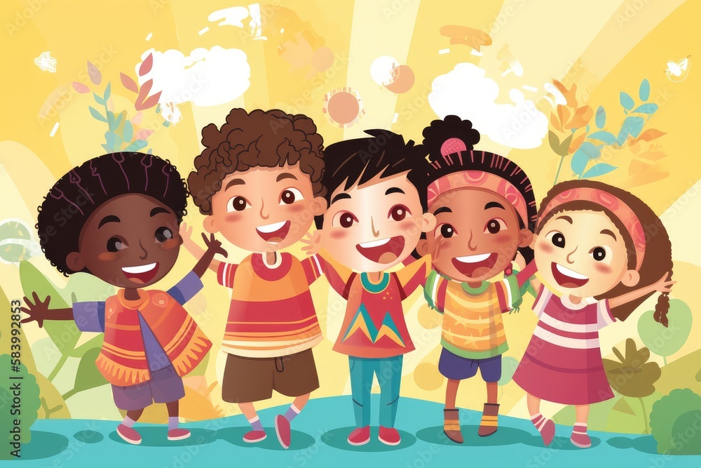 Multiethnical Children Having Fun Together- Inclusion - Cartoon Illustration Multiethnical Children Having Fun Together- Inclusion - Cartoon Illustration