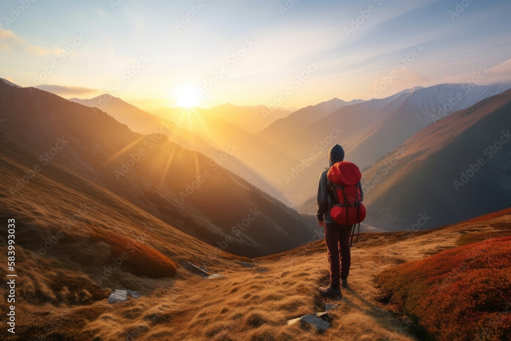 Backpacker Standing in the Mountains - Sunrise