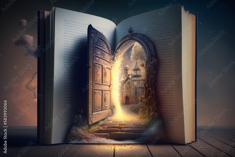 AI GENERATIVE, a giant open book in which there is a door that