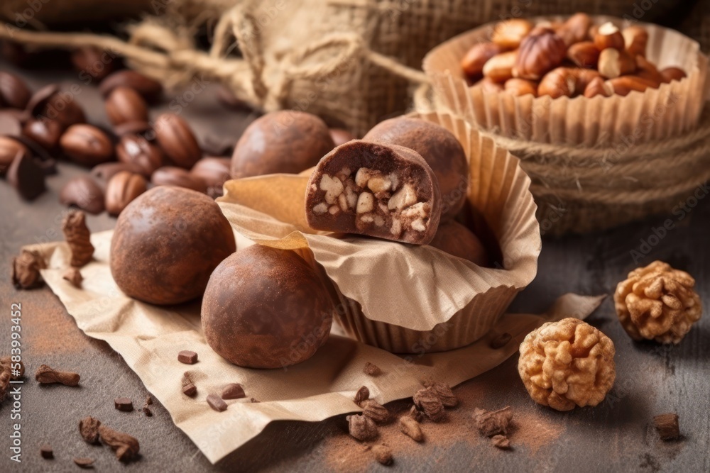 Decadent delights: Indulging in the rich flavors of pralines and truffles infused with nuts and chocolate, generative ai Decadent delights: Indulging in the rich flavors of pralines and truffles infused with nuts and chocolate, generative ai