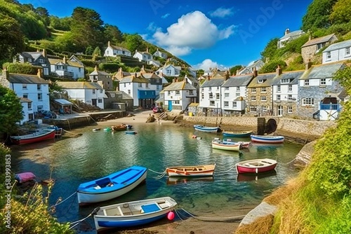 Fishing Village, Polperro, Cornwall, England, Colorful Cottages, Wooden Boats, Vibrant Sky photo