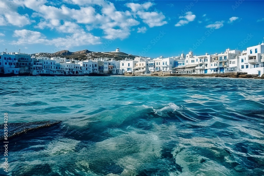 Fishing Village, Naoussa, Greek Island, Paros, Dazzling White Buildings, Small Harbor, Generative AI