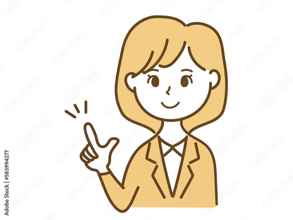 ここがポイント!笑顔で説明するスーツの女性スーツ女性会社員_ひらめき思いつき ここがポイント!笑顔で説明するスーツの女性スーツ女性会社員_ひらめき思いつき