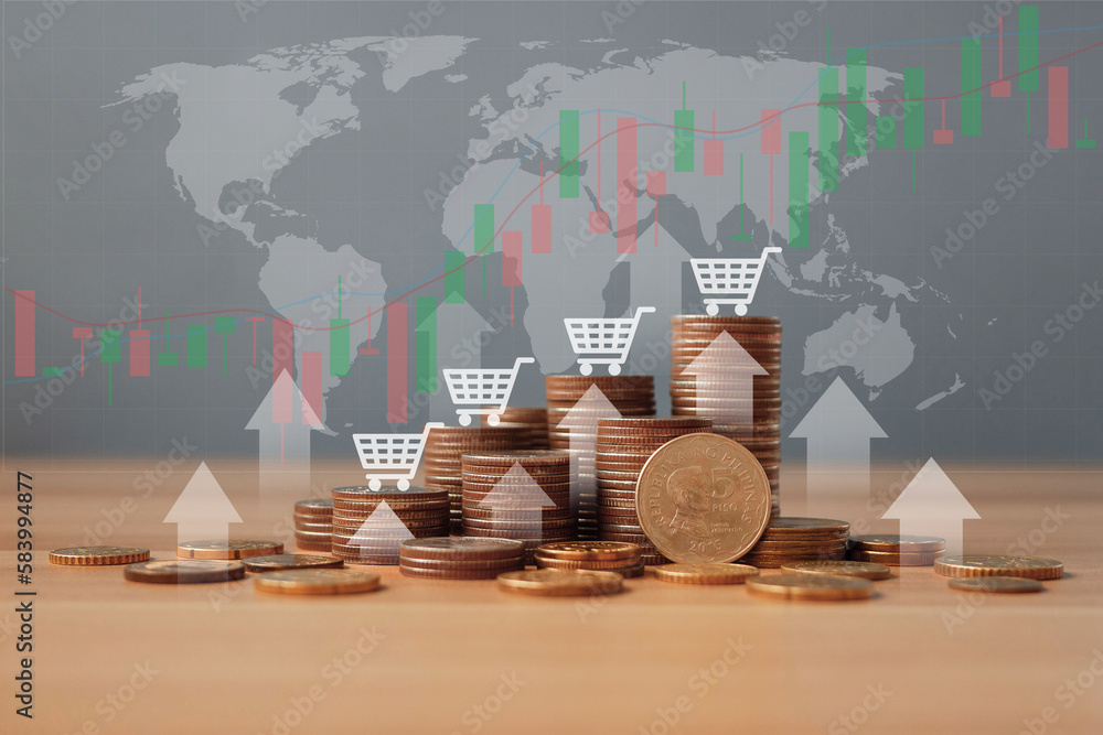 CPI consumer price index, economic indicator scale concept. Shopping basket on coin stacks