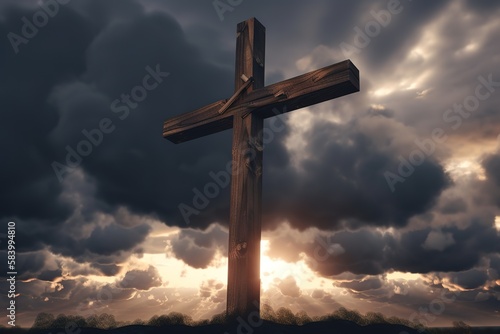 Wooden cross stand against a dramatic evening sky with radiant beams penetrating clouds. Generative AI