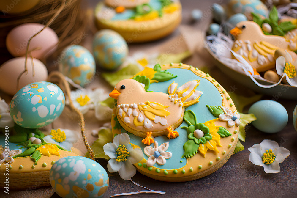 Delicious and Colorful Easter Cookies with Chicks, Easter Eggs and Flower Designs Artfully Displayed on a Table for a Festive Holiday Celebration, made with Generative AI