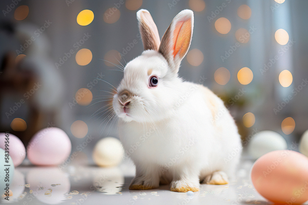 Playful and Charming Image of a White Rabbit Surrounded by Colorful Easter Eggs against a Soft, Blurred Background, made with Generative AI Playful and Charming Image of a White Rabbit Surrounded by Colorful Easter Eggs against a Soft, Blurred Background, made with Generative AI