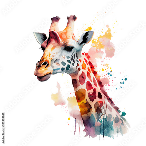 Giraffe illustration for t-shirt  Portrait of safari giraffe with watercolored PNG background and splashes  Generative ai