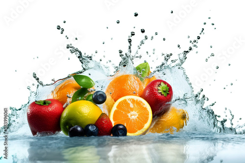 Healthy food diet freshness concept. Fresh multi fruits and vegetables splashing blue clear water. Isolated white background AI generated illustration.