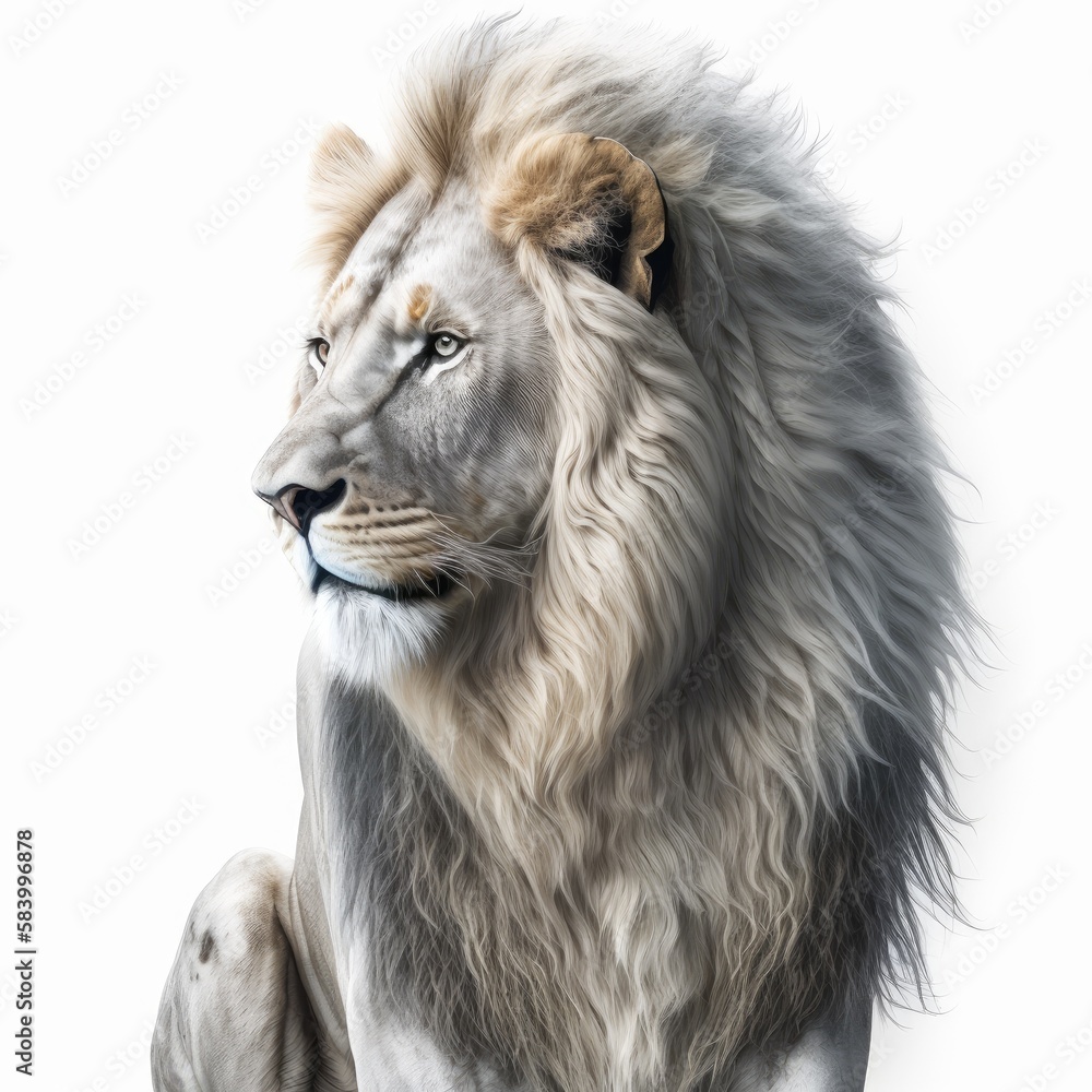 realistic portrait white lion looking to the side 4k