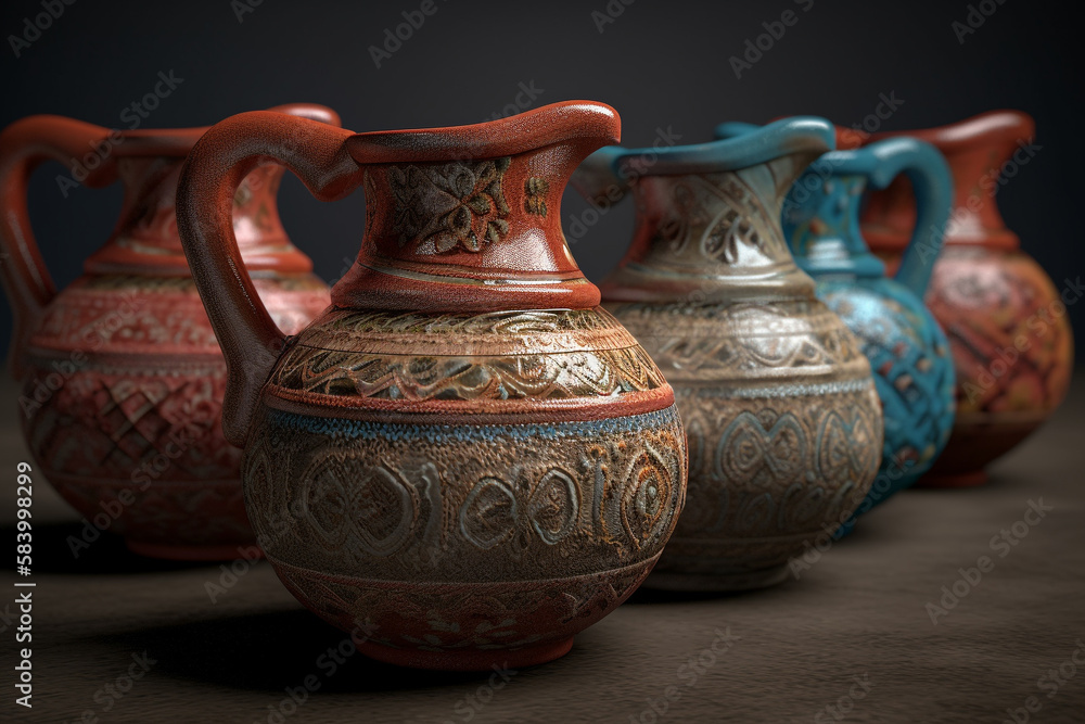 ornate Clay pots on display, Vases, Containers,  Created using generative AI tools.