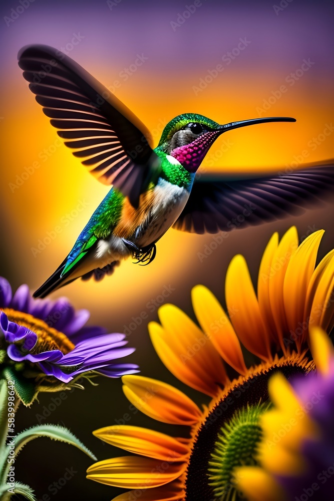 Obraz premium Hummingbird flying about to land on a sunflower