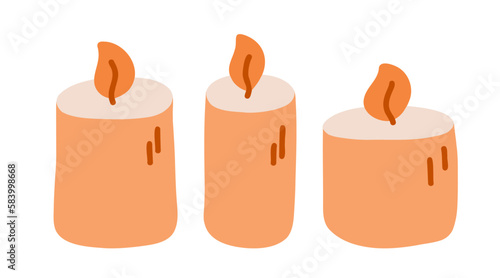 3 candles in different sizes. Decorative wax candles for relax and spa. Hand drawn Vector set