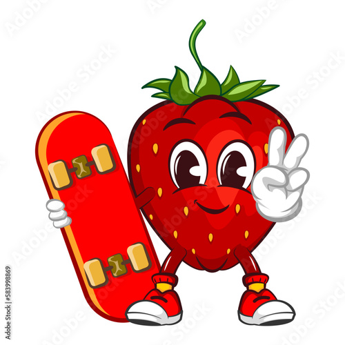 vector illustration of the mascot character of a strawberry holding a skateboard