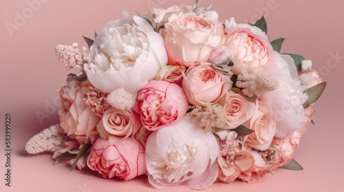 Bridal bouquet of peonies. Wedding composition closeup. Generative AI