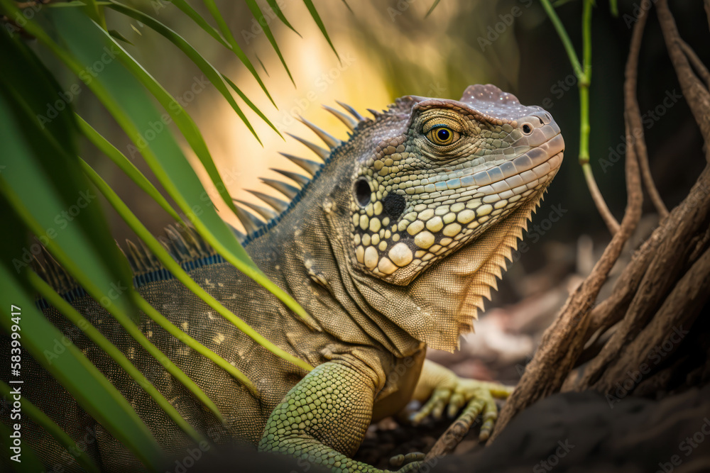 Fototapeta premium Iguana walking in dense forest, Generative AI