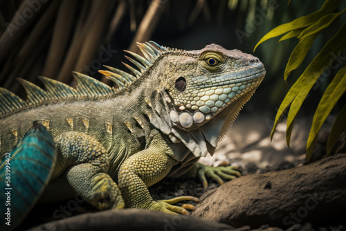 Iguana walking in dense forest  Generative AI