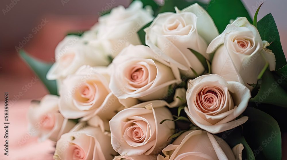 Wedding bride bouquet of pink roses. Macro closeup. Generative AI Wedding bride bouquet of pink roses. Macro closeup. Generative AI
