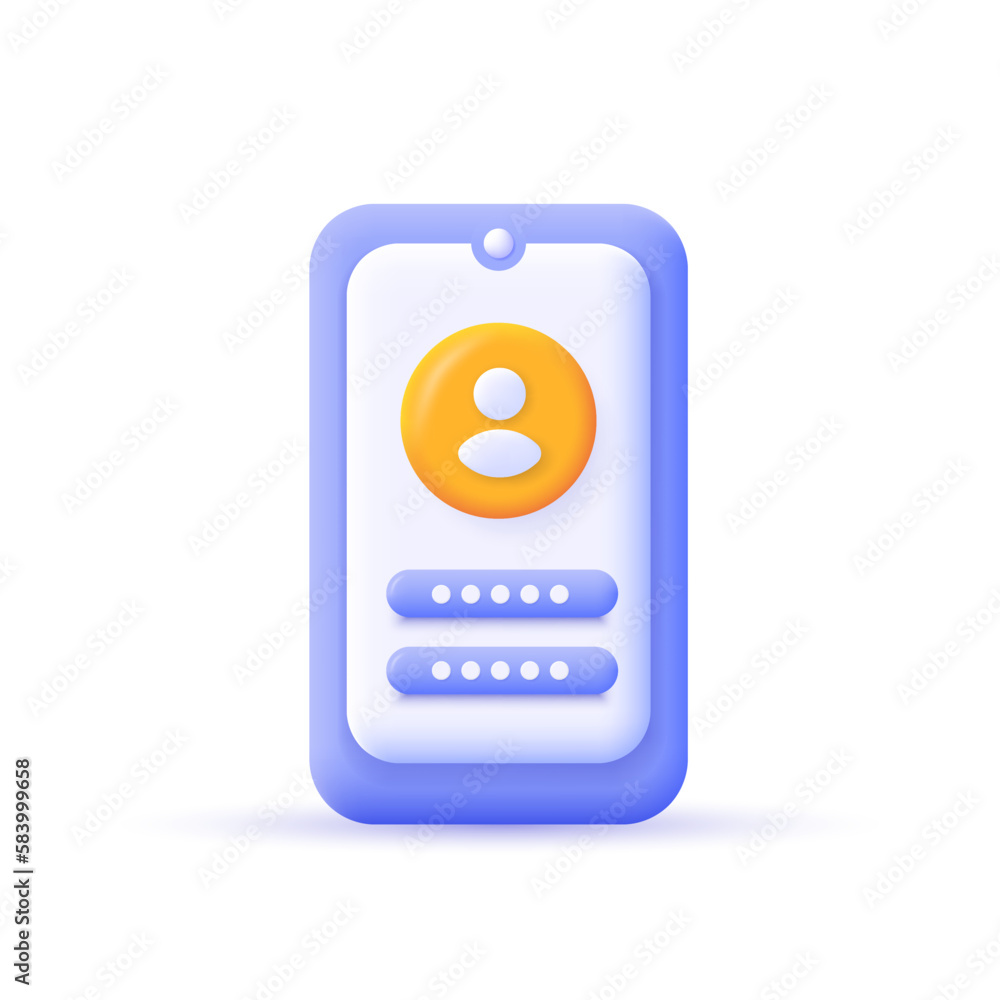 Login screen, password form on mobile phone. 3d realistic icon in plastic cartoon minimal style. Icon isolated on white background. Modern vector illustration. Login screen, password form on mobile phone. 3d realistic icon in plastic cartoon minimal style. Icon isolated on white background. Modern vector illustration.