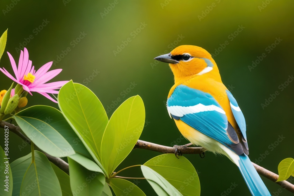 Canaries birds in the treetops in a Canary islands, bright flowers and leaves, exotic plants, vines. Wildlife concept of ecological environment. Generative AI Canaries birds in the treetops in a Canary islands, bright flowers and leaves, exotic plants, vines. Wildlife concept of ecological environment. Generative AI