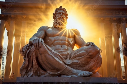 Majestic Statue of Zeus in Olympia Bathed in Sun's Rays of Divine Light with Intricate Craftsmanship.
