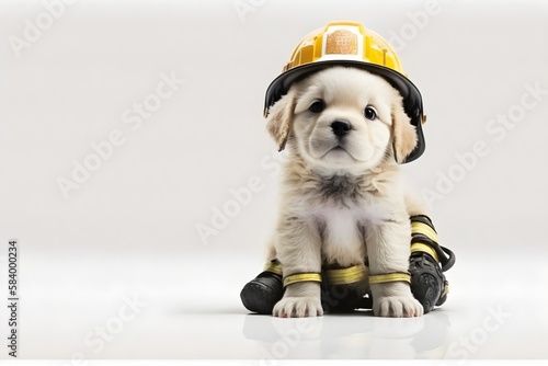 Background of a firefighter dog. Wallpaper illustration. Front view with copy space for text information or content. Concept of profissions, International Firefighters Day. Generative AI. photo