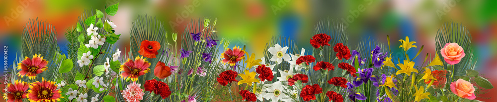 Fototapeta premium image of beautiful bright festive flowers on a green blurred background