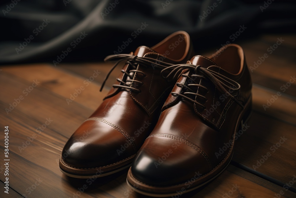  a pair of brown shoes sitting on top of a wooden floor.  generative ai
