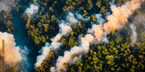 Aerial view of tropical rainforest deforestation. Illegal fire clearing. Burning forest. Environmental ecological problem. Generative AI illustration