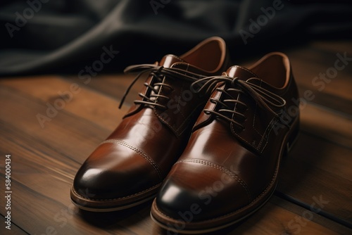  a pair of brown shoes sitting on top of a wooden floor. generative ai