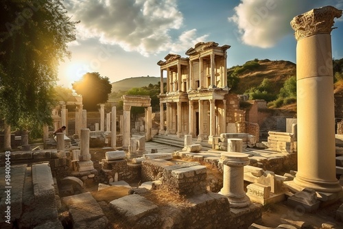 Temple of Artemis, Ephesus, Majestic, Azure Sky, Towering Columns, Golden Rays.