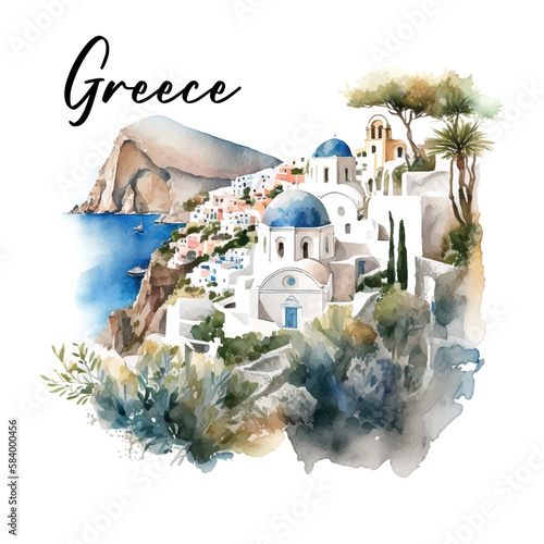 Picturesque landscape of Greece watercolor art sea