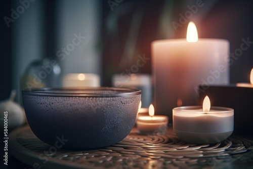  a table topped with candles and a bowl filled with water. generative ai