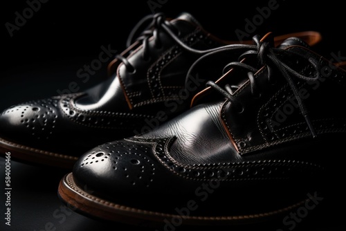  a pair of black shoes on a black surface with a black background. generative ai