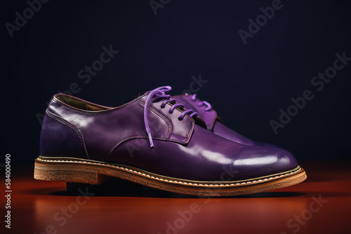  a pair of purple shoes on a wooden surface with a dark background. generative ai