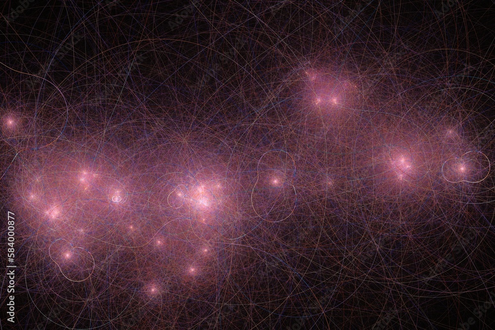 Obraz premium Pink glowing pattern of curved lines on a black background. Abstract fractal 3D rendering