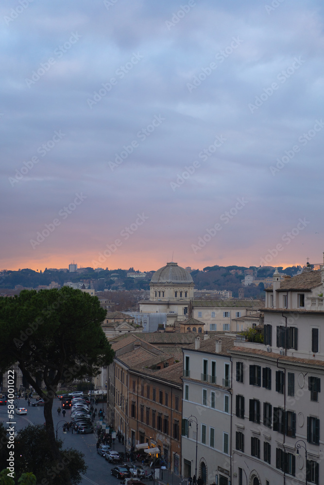 Rome, view of the rooftops of the sunset city.
