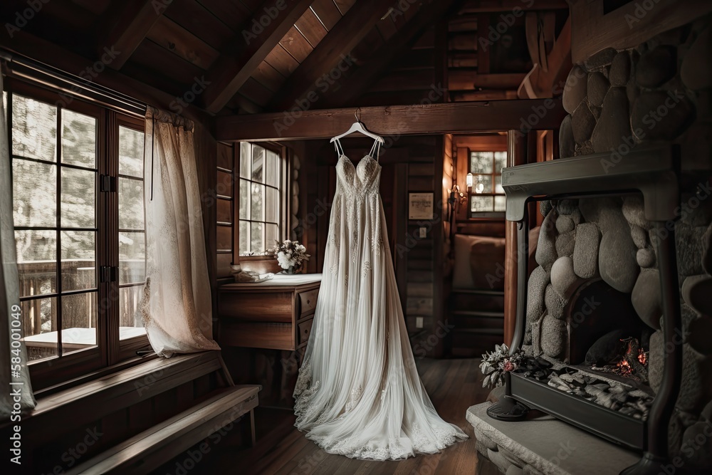 A Wedding Dress Hanging On A Hanger In A Cozy Cabin With A Roaring Fireplace And Natural Wood Accents . Generative AI