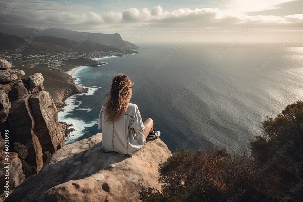 A Woman Seated On A Cliff, With A Breathtaking View Of The Ocean Or Mountains . Generative AI