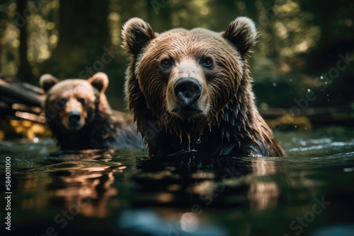 Bear With A Cub Swimming water. Generative AI © Ян Заболотний