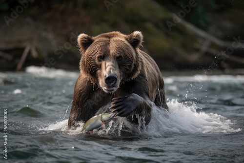 Grizzly Bear Catching Salmon In A Rushing River. Generative AI © Ян Заболотний