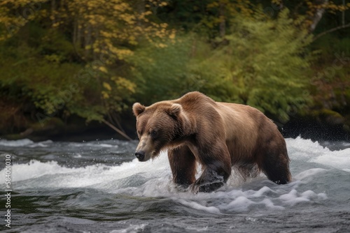 Brown Bear Fishing For Salmon In A Rushing River . Generative AI