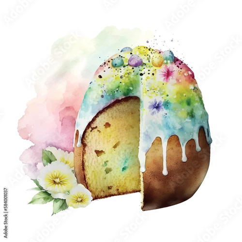 Easter kulich cake hand-drawn watercolor. Vectorized watercolor drawing.