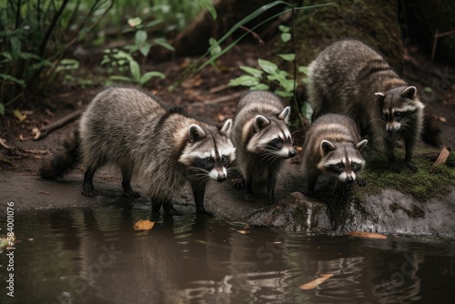 Group Of Raccoons Hunting For Food Near A Stream. Generative AI
