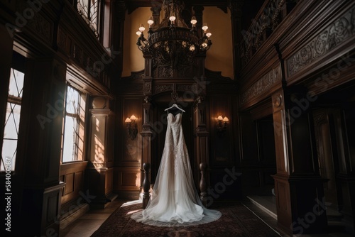 A Wedding Dress Hanging On A Hanger In A Historic Castle With Intricate Architecture And Grand Hallways . Generative AI