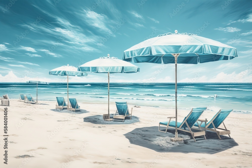  a painting of beach chairs and umbrellas on the beach.  generative ai